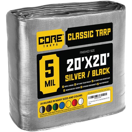 CORE TARPS 20 ft L x 0.5 mm H x 20 ft W Heavy Duty 5 Mil Tarp, Silver/Black, Polyethylene CT-501-20X20